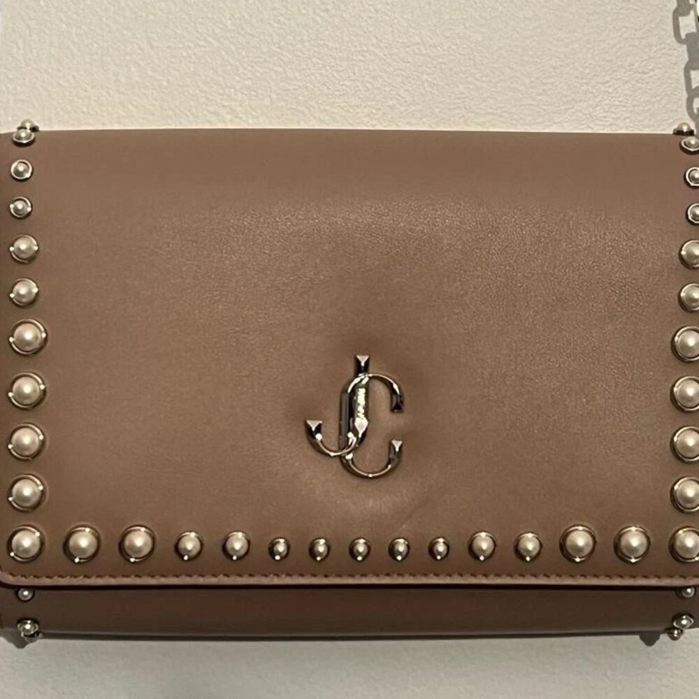 Jimmy Choo Ballet Pink Varenne Clutch Purse with Pearl Studs